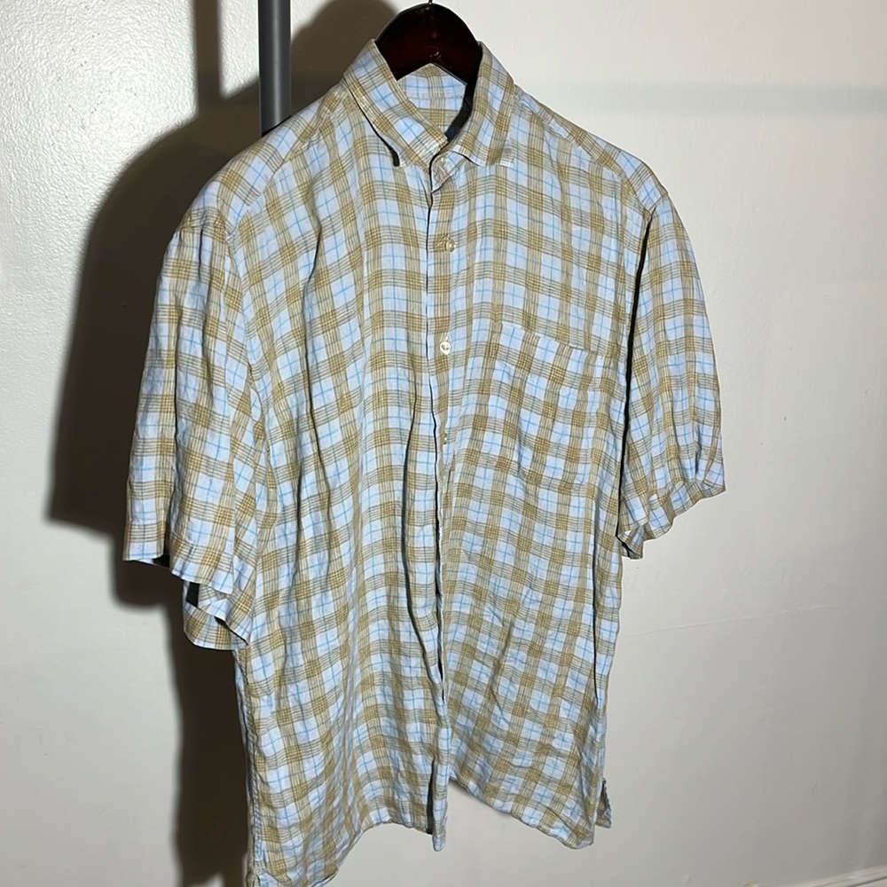 Peter Millar Button Down short sleeve blue and khaki Shirt Medium